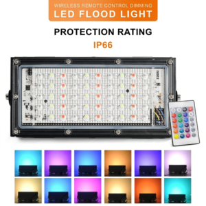 50W RGB LED Flood Light – IP66 Waterproof Outdoor Landscape Lighting with Remote Control (AC 220V, Black)