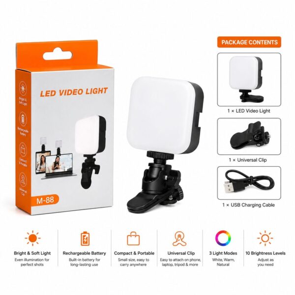 M88 LED Video Light – Reachargeable Portable Fill Light for Mobile, Laptop, Photography & Content Creation