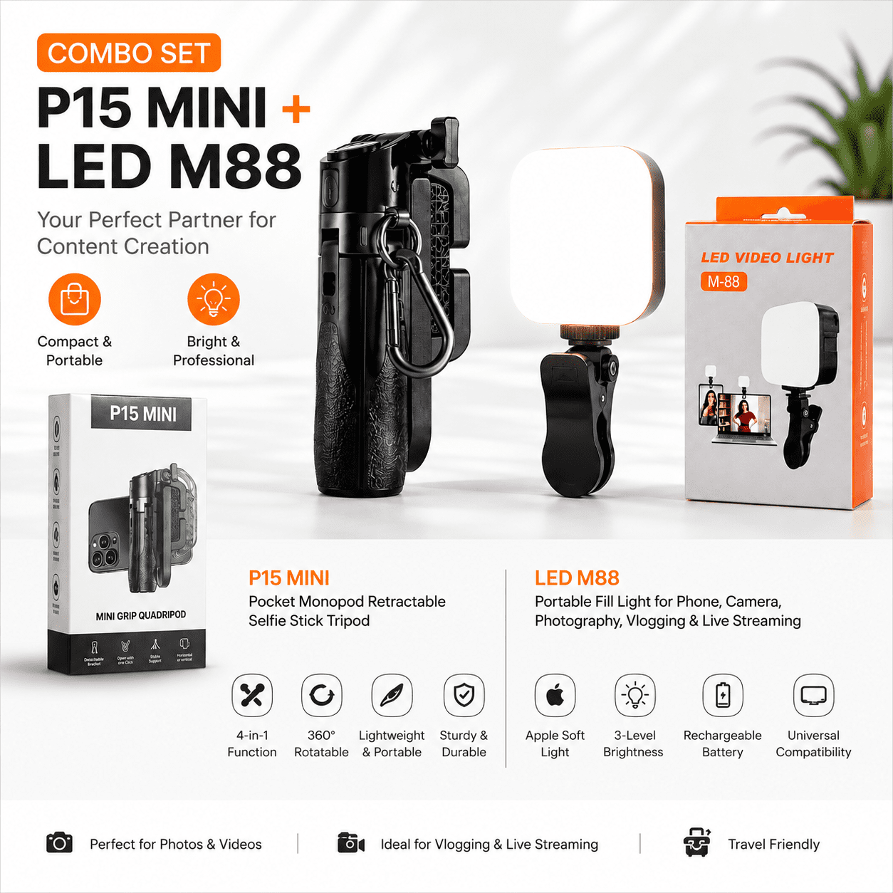 Content Creator Pro Combo : P15 MINI Pocket Monopod Tripod & M88 LED Light
