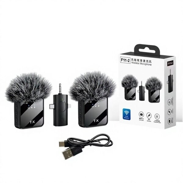 F11-2 Professional Dual Wireless Lavalier Microphone – 3-in-1 Compatible for iPhone, Android & Camera