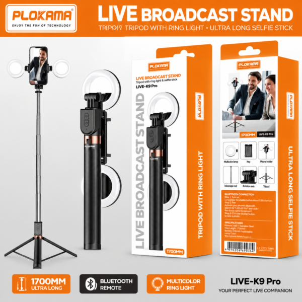 Plokama K9 Pro Double LED Selfie Stick Tripod (1.7 meters or 5.6 Feet)