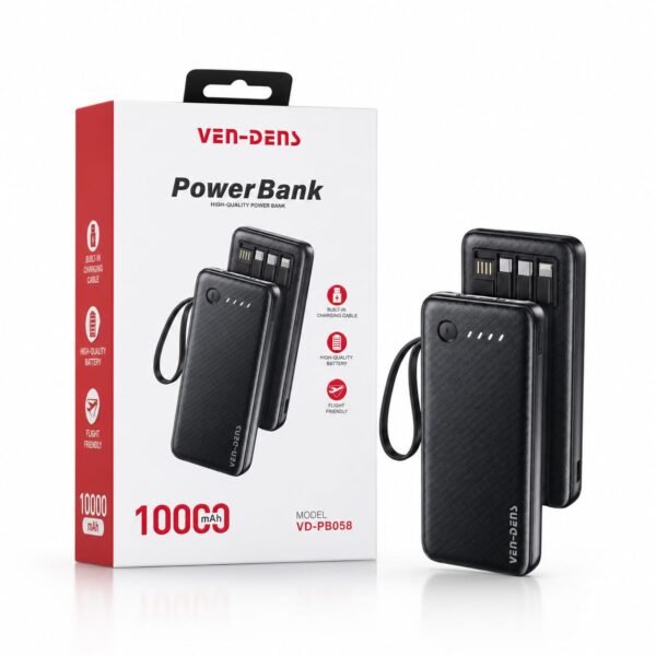 VEN-DENS VD-PB058 10000mAh High-Quality Power Bank with Built-in Charging Cable