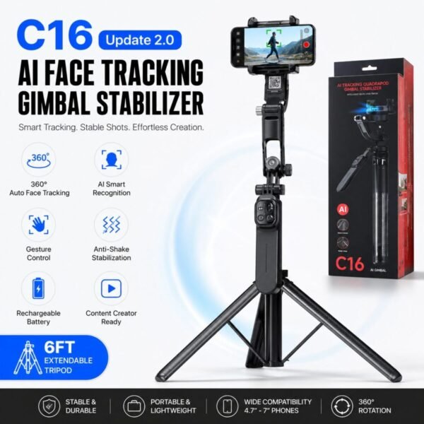 C16 Update 2.0 AI Face Tracking Gimbal Stabilizer with 6ft Tripod | 360° Auto Face Tracking for Vlogging & Live Streaming