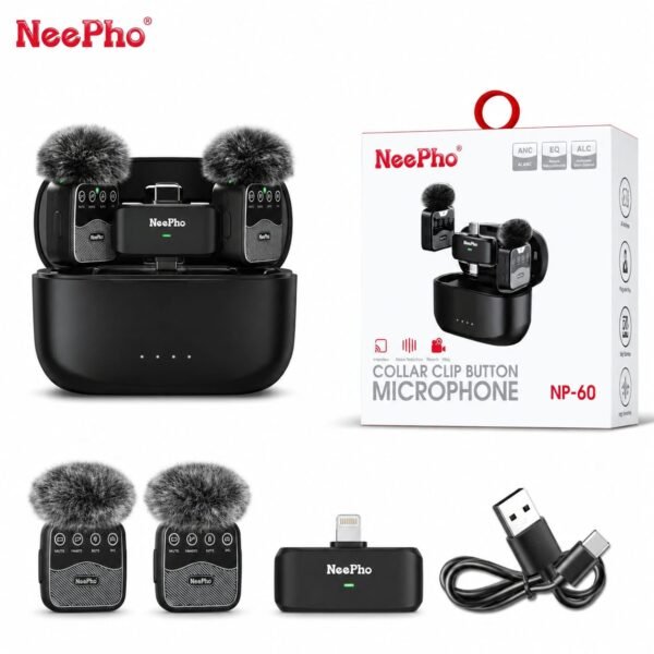 NeePho NP-60 Dual Wireless Lavalier Microphone with DSP Noise Reduction | 2.4GHz Wireless Mic
