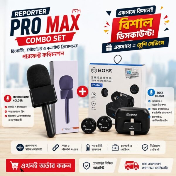 Professional Reporter Kit Combo – BOYA BY-MW2 Dual Wireless Microphone & Logo Box Microphone Holder