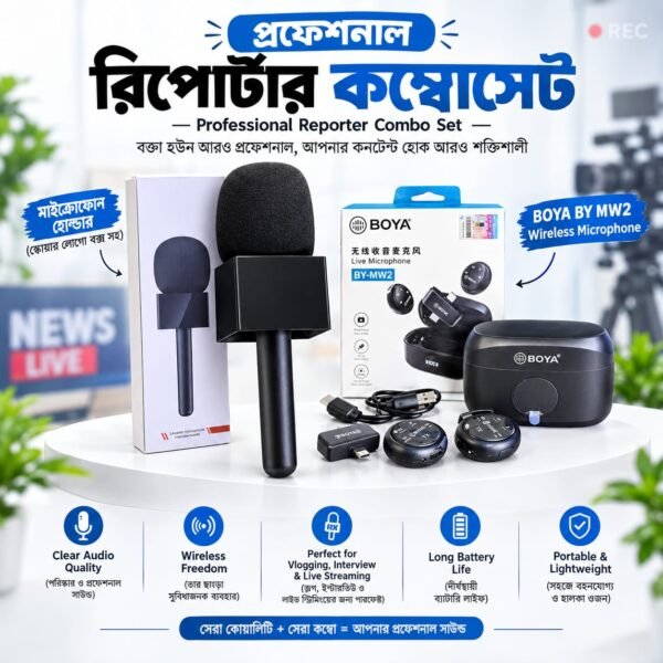 Professional Reporter Kit Combo – BOYA BY-MW2 Dual Wireless Microphone & Logo Box Microphone Holder