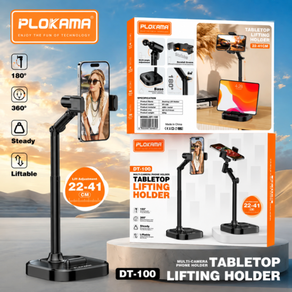 Plokama DT-100 Adjustable Lift Desk Stand for Phone & Tablet | Universal Holder