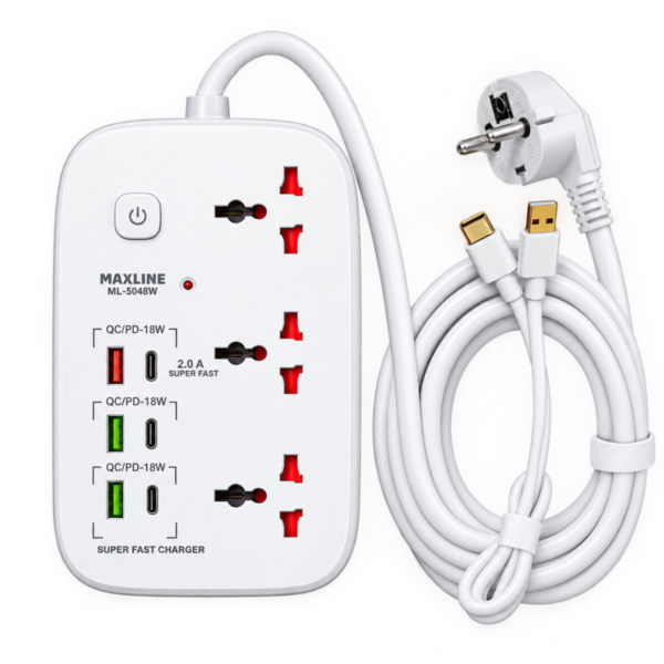 Maxline ML-904 SF Smart Guard Extension Socket with 3 Universal Sockets & USB Fast Charging