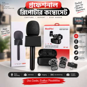 Professional Reporter Kit Combo – Neepho NP-60 Dual Wireless Microphone & Logo Box Microphone Holder