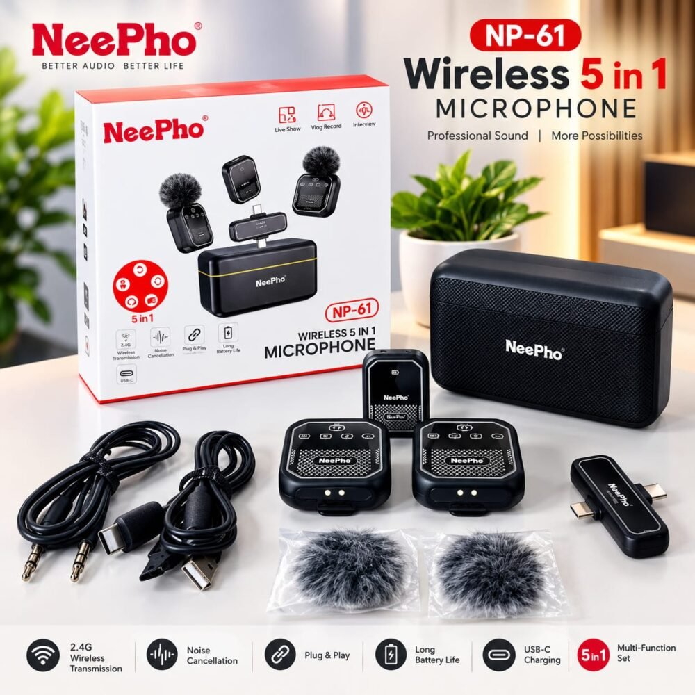 NeePho NP-61 5-in-1 Wireless Lavalier Microphone for Type-C, iPhone & Camera with Noise Reduction