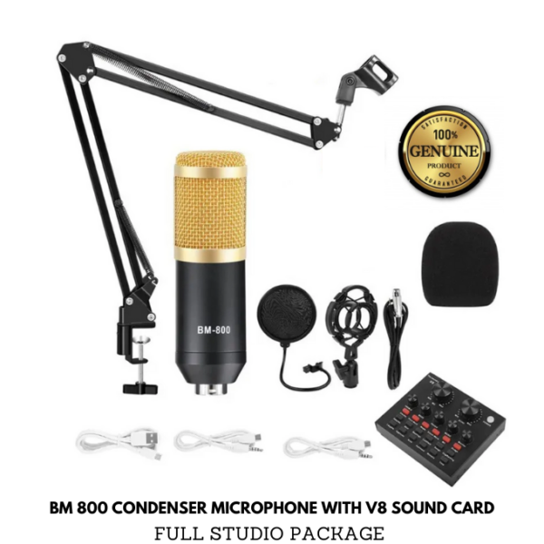 BM-800 Condenser Microphone & V8 Bluetooth Sound Card Kit – Multifunctional Audio Set for Studio Recording, Live Streaming, Mobile, PC & Laptop – Gold - Image 3