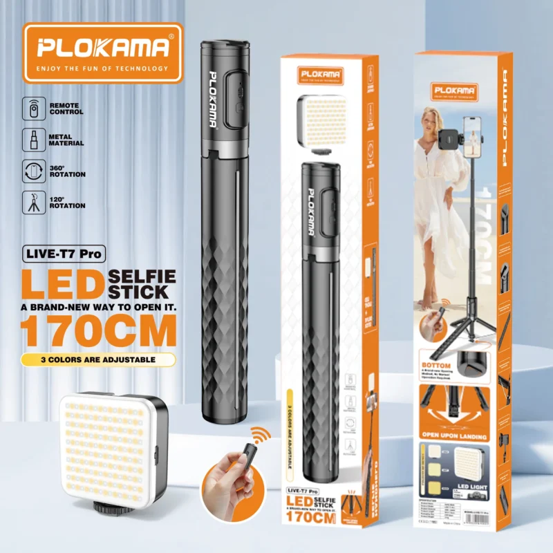 Plokama LIVE-T7 Pro Foldable Selfie Stick & Tripod with LED Video Light