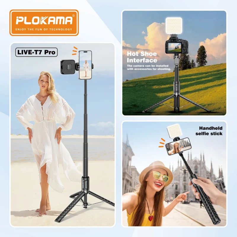 Plokama LIVE-T7 Pro Foldable Selfie Stick & Tripod with LED Video Light - Image 2
