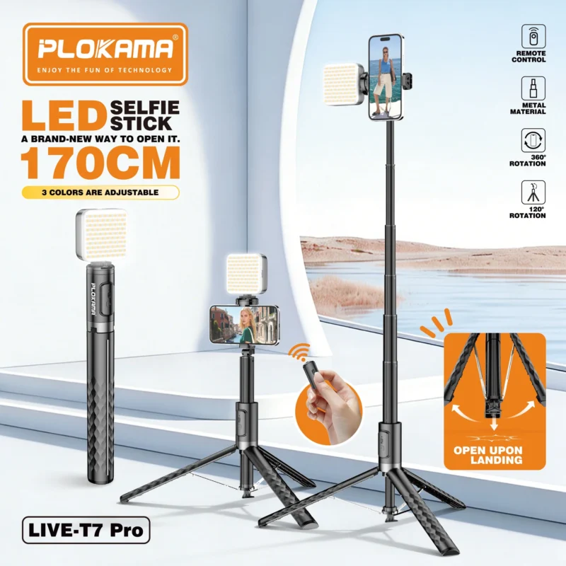 Plokama LIVE-T7 Pro Foldable Selfie Stick & Tripod with LED Video Light - Image 3