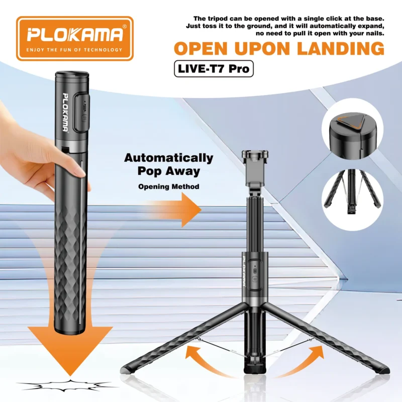 Plokama LIVE-T7 Pro Foldable Selfie Stick & Tripod with LED Video Light - Image 4