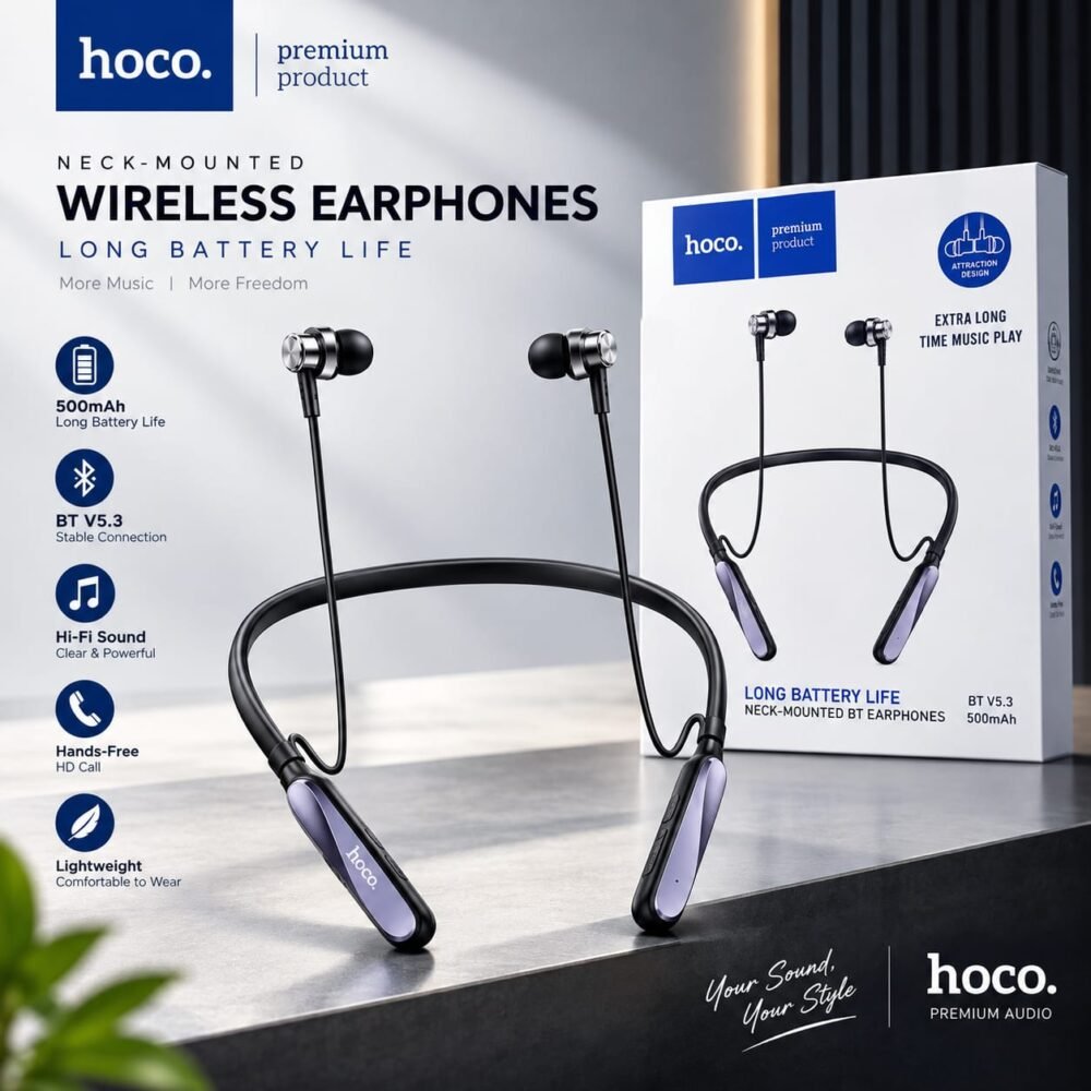 HOCO Premium Wireless Bluetooth Neckband – 500 Hours Long Battery Life