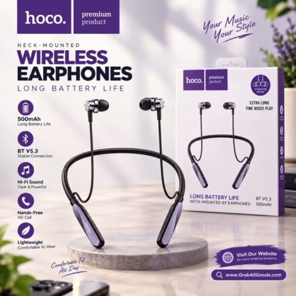 HOCO Premium Wireless Bluetooth Neckband – 500 Hours Long Battery Life - Image 2
