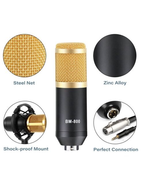 BM-800 Condenser Microphone & V8 Bluetooth Sound Card Kit – Multifunctional Audio Set for Studio Recording, Live Streaming, Mobile, PC & Laptop – Gold - Image 4