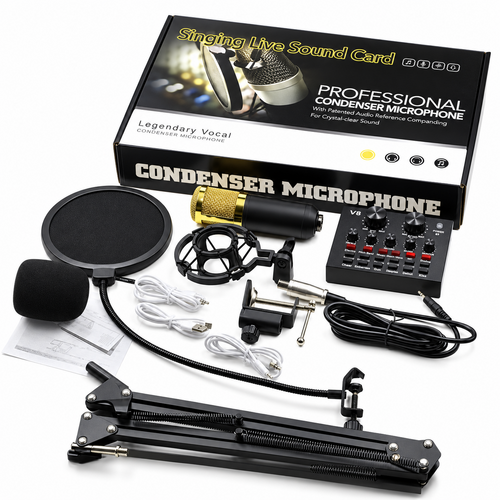 BM-800 Condenser Microphone & V8 Bluetooth Sound Card Kit – Multifunctional Audio Set for Studio Recording, Live Streaming, Mobile, PC & Laptop – Gold - Image 2